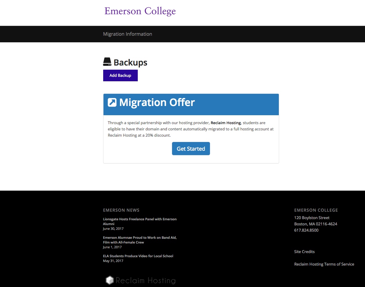 Clicking "Migration Information" takes you to a Migration Offer from Reclaim Hosting, where you can click "Get Started."